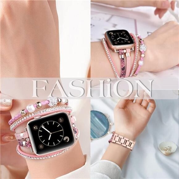 NEW Pink Boho Leather Beaded Apple iwatch Band main image 4